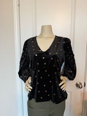 LOFT Petites Black & Gold Starry Velour V-Neck Top